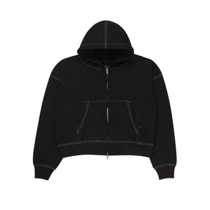 Sweater Pria Pullover Double Zipper Hoodie BOXY FIT FLUER BLACK CONTRAST STITCH